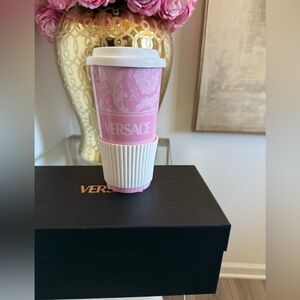 Versace Pink and White Ceramic Travel Mug
